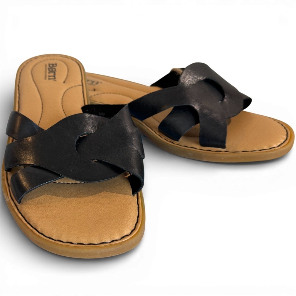 NEW- SIZE‎ 10 - Born Womens Black Leather Slide Sandals Comfort Footbed